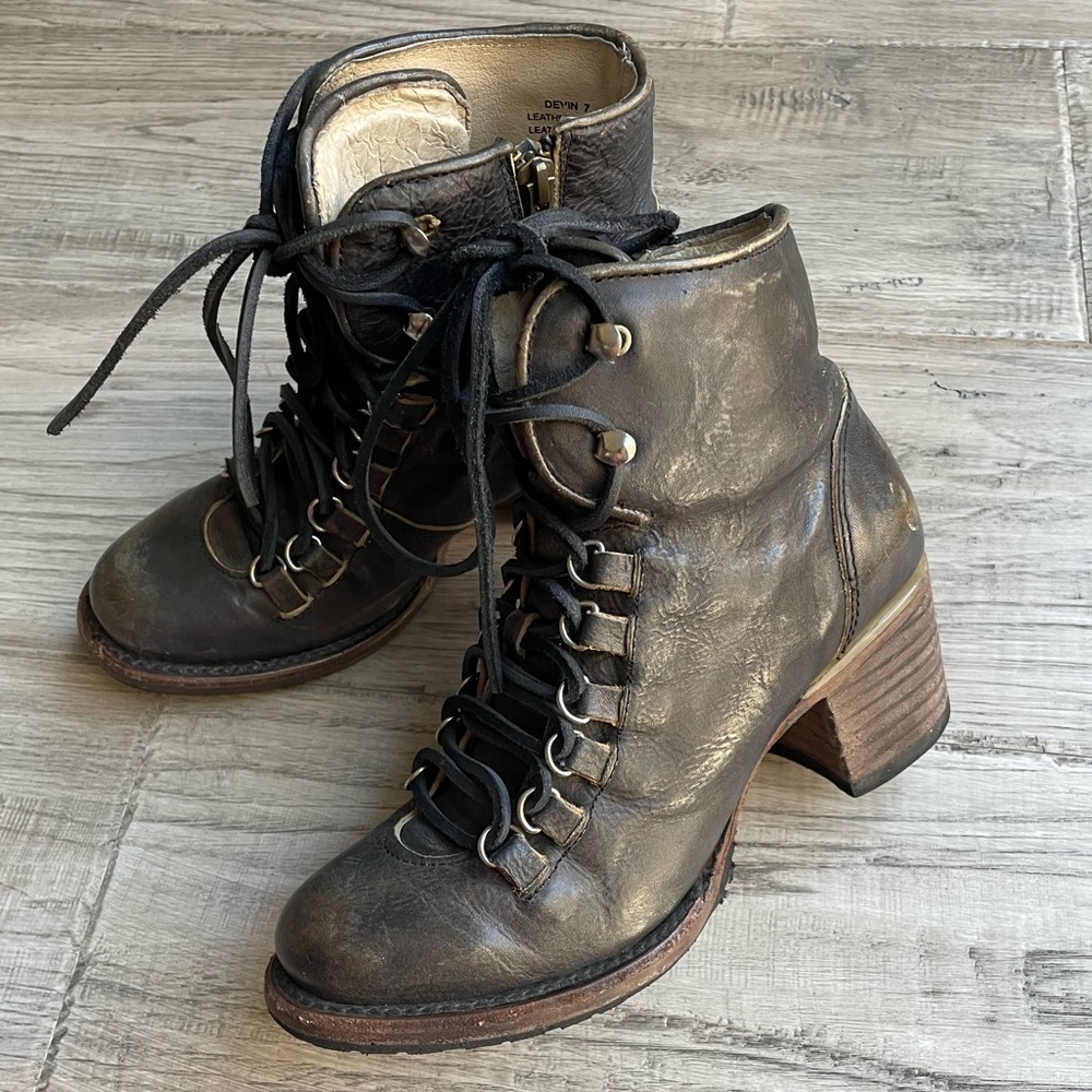 Freebird Rare Devin Boots Leather Lace Up Side Zipper Closure Black/Brown SZ 7 - Picture 16 of 16